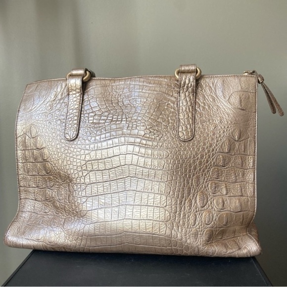 Brahmin | Pyrite Silver Champagne Gold Crocodile Alligator Leather Tote Bag - Picture 3 of 16